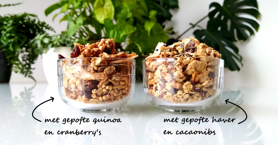 Kokosgranola met cranberry’s en gepofte quinoa of met en cacaonibs en gepofte haver