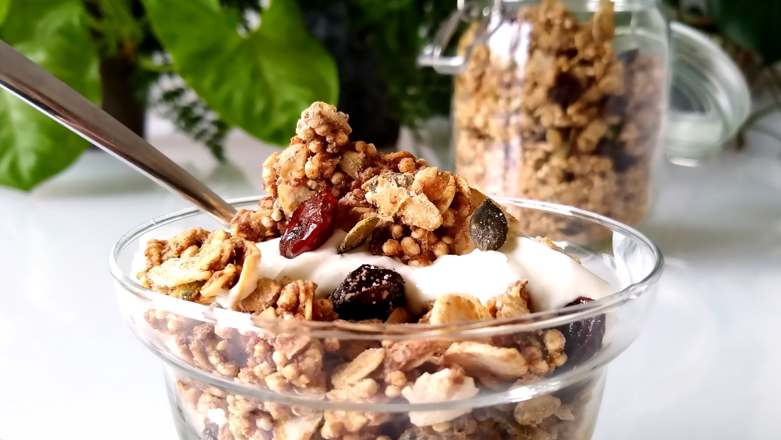 Kokosgranola met cranberry’s - close-up